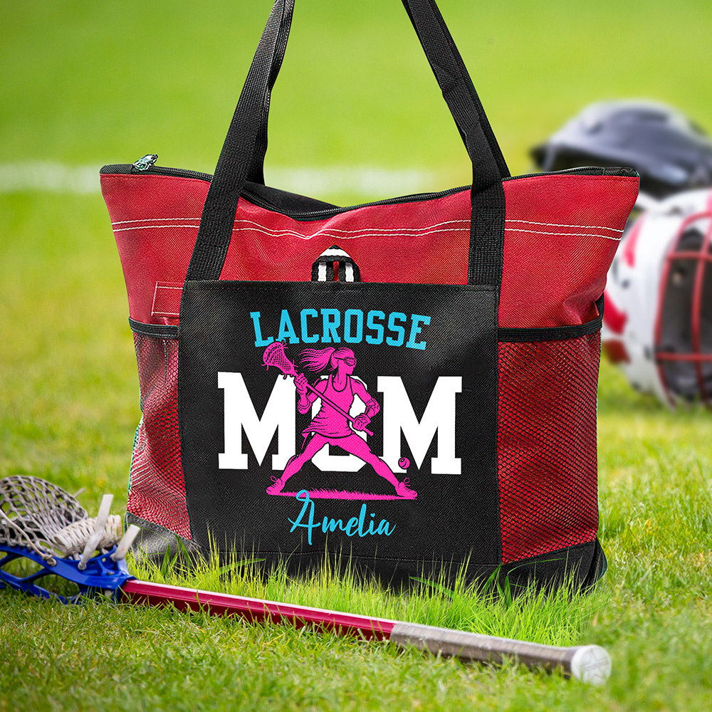 Personalizzato Lacrosse Player Silhouette Oxford Tote Bag con testo e tasca in rete Evento sportivo Festa della mamma Regalo di compleanno per gli ama