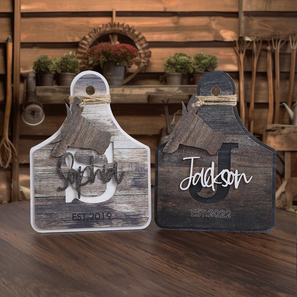 Personalized Hollow Initial Western Cow Tag Wooden Desktop Ornament with Name and Holder Home Farmhouse Decor Birthday Gift for Framers Cow Lovers