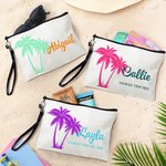 Personalized Palm Linen Makeup Bag with Name Text and Wrist Strap Birthday Travel Beach Party Gift for Women Bridesmaids