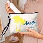 Personalized Palm Linen Makeup Bag with Name Text and Wrist Strap Birthday Travel Beach Party Gift for Women Bridesmaids