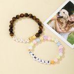 Personalized Bone Heart Elastic Beaded Bracelet with Name Pet Jewelry Birthday Gift for Dog Mom Dog Dad Pet Lover