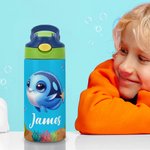 Personligt namn på tecknade havsdjur 12 oz rostfritt stål isolerad vattenflaska för barn med handtag och silikonsugrör Tillbaka till skolan-present för barn