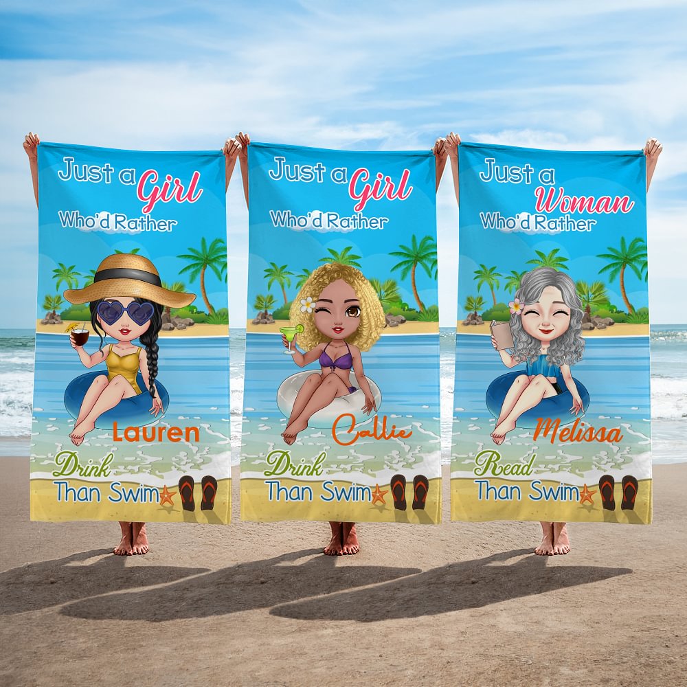 Serviette de plage personnalisée avec nom et personnage de dessin animé pour les vacances à la piscine Fête d'été Cadeau d'anniversaire pour les femmes