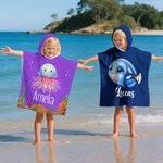 Personalised Multicolour Marine Animals Quick Dry Kid Hooded Beach Towel with Name Travel Essentials Summer Vacation Birthday Gift for Boys Girls