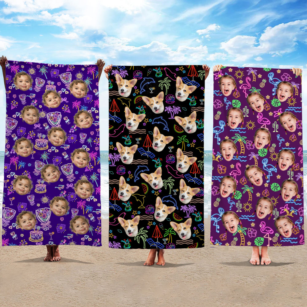 Serviette de plage personnalisée en microfibre multicolore fluorescente avec photo Cadeau d'anniversaire essentiel pour la famille et les amis