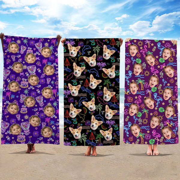 Henkilökohtainen Monivärinen Neon Fluoresenssi Ylimitoitettu mikrokuituliina rantapyyhe valokuvalla Beach Party Essential syntymäpäivälahja perheelle ystäville