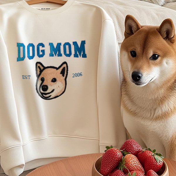 Personalized Embroidered Dog Mom Pet Portrait Photo T-shirt Sweatshirt Hoodie with Year Mother’s Day Birthday Gift for Mom Pet Lover Owners