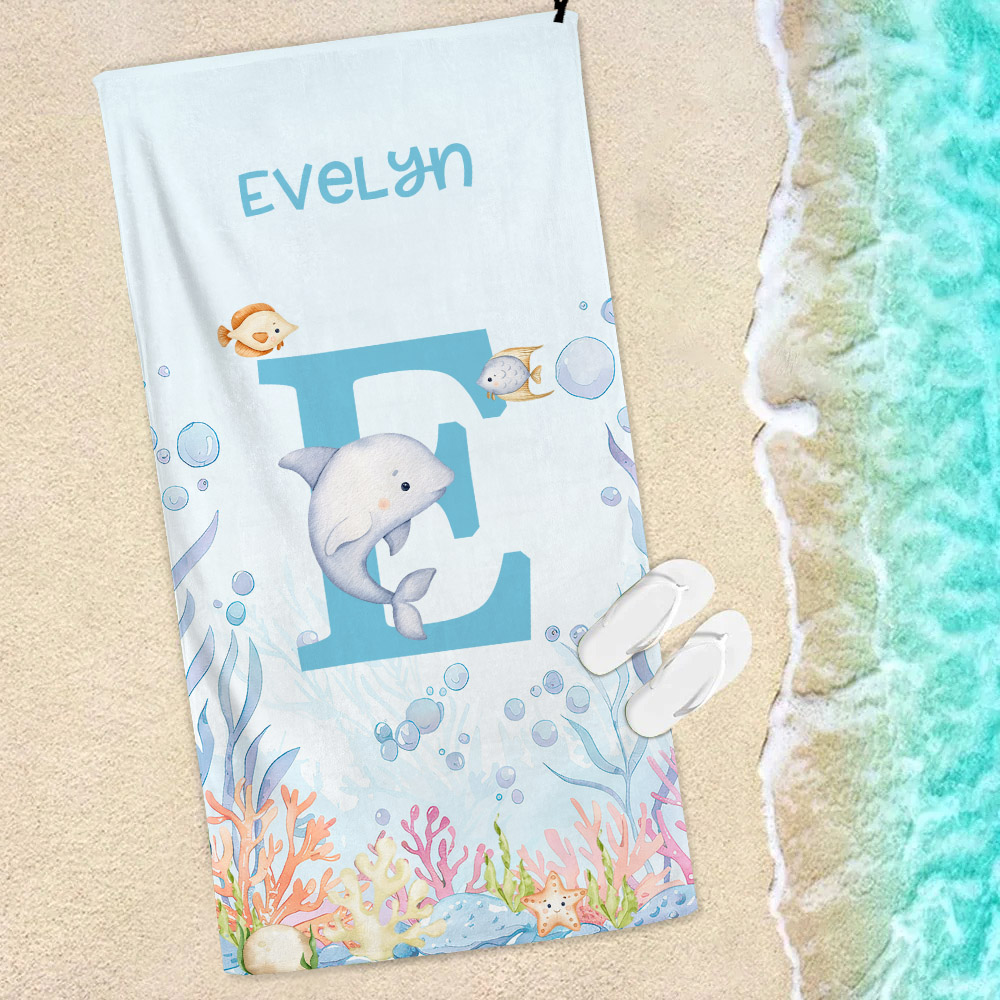 Serviette de Plage Personnalisée avec Animaux du Monde Sous-Marin Nom et Initiale Cadeau d’Anniversaire Essentiel Vacances d’Été pour Enfants
