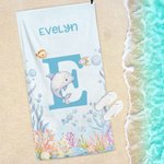 Personalized Underwater World Animal Quick Dry Oversized Beach Towel with Name and Initial Summer Vacation Essential Birthday Gift for Kids