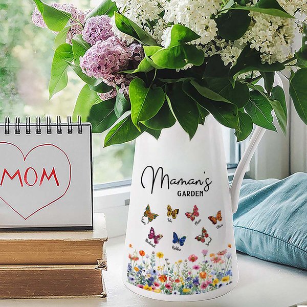 Vase à Fleurs en Céramique Personnalisé avec 1-8 Noms et Fleurs de Naissance à Motif Papillon Anniversaire Cadeau Fête des Mères pour Maman Famille