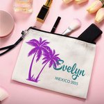 Personalized Palm Linen Makeup Bag with Name Text and Wrist Strap Birthday Travel Beach Party Gift for Women Bridesmaids