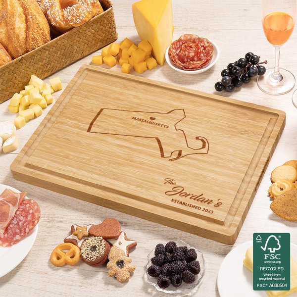 Personalized Engraved State Map Silhouette Heart Cutting Board with Juice Groove Long Distance Gift for Family Couple