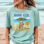 Personalized Book Girl Summer Beach Cartoon Character 100% Cotton T-shirt with Name Vacation Travel Birthday Gift for Woman