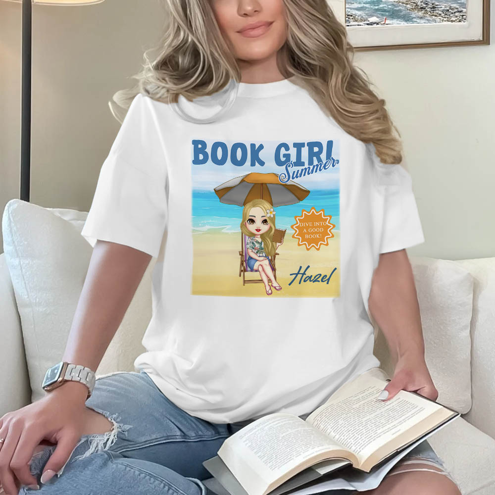 T-shirt personnalisé Book Girl Summer Beach Cartoon Character 100% coton avec nom Vacation Travel Birthday Gift for Woman