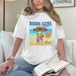 Personalized Book Girl Summer Beach Cartoon Character 100% Cotton T-shirt with Name Vacation Travel Birthday Gift for Woman