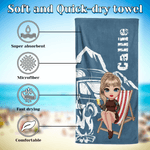 Personalized Campervan Cartoon Camping Character Quick Dry Oversized Beach Towel Summer Vacation Travel Holiday Gift for Campers Outdoor Enthusiasts