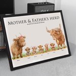 Personlig Highland Cow Family Poster Ramlös inramad målning med 2-17 namn Heminredning Födelsedag Mors dag Fars dag Present till mamma pappa