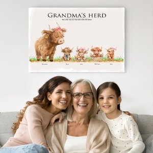 Personalised Highland Cow Family Poster Frameless Framed Painting with 2-17 Names Home Decor Birthday Mother's Day Father's Day Gift for Mom Dad