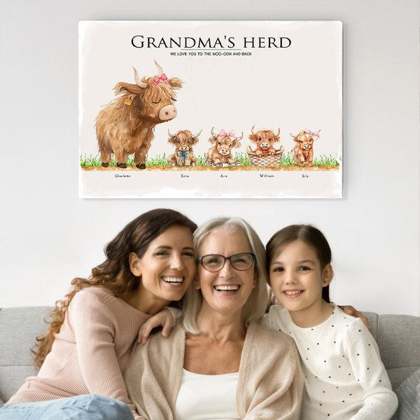 Personlig Highland Cow Family Poster Ramlös inramad målning med 2-17 namn Heminredning Födelsedag Mors dag Fars dag Present till mamma pappa