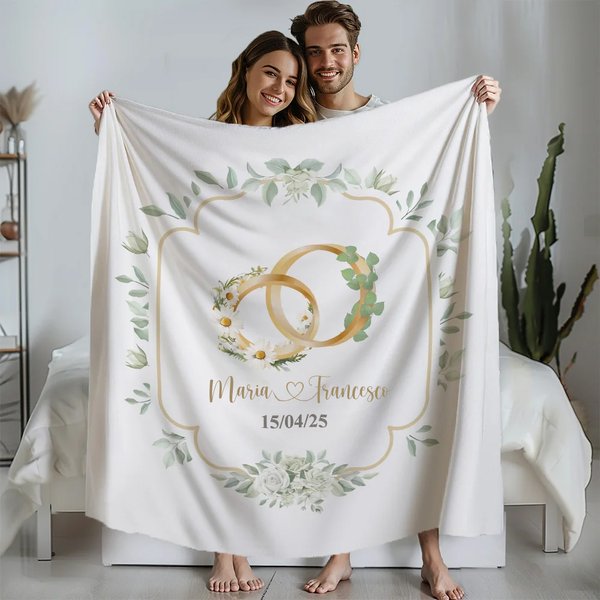 Coperta morbida personalizzata con nome data e fiori e foglie di nascita regalo ideale per anniversari di matrimonio per coppie