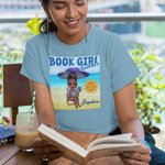 Personalized Book Girl Summer Beach Cartoon Character 100% Cotton T-shirt with Name Vacation Travel Birthday Gift for Woman