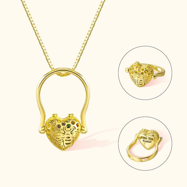 Personalized Love Bee Honeycomb Gemstone Photo Pendant Ring Necklace Gifts for Girlfriend Mom Family