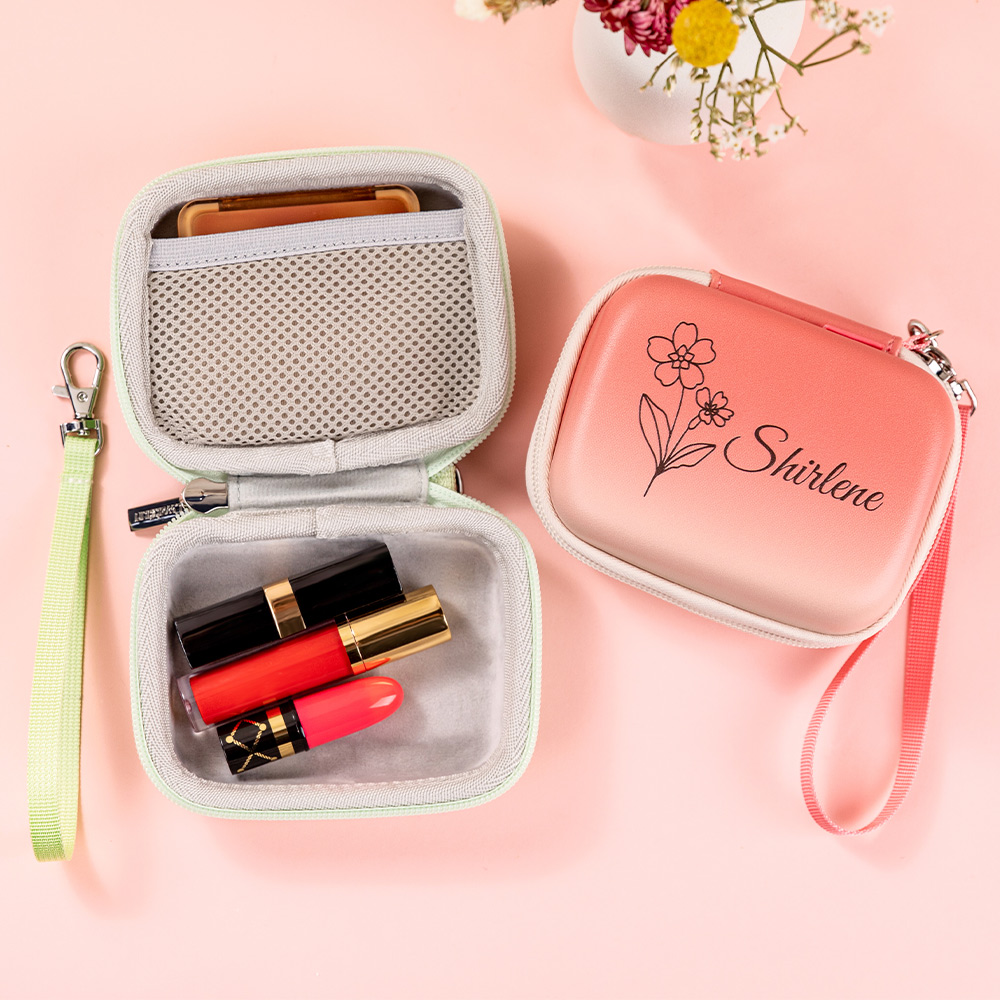 Boîte de rangement portable en cuir PU avec nom et lanière Accessoires de voyage Cadeau de mariage et d'anniversaire pour les femmes et les filles
