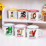 Personalised Cartoon Character 12 oz Colored Rim Enamel Mug with Name and Initial Birthday Back to School Travel Gift for Friend Family Kids