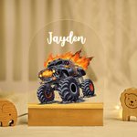 Henkilökohtainen sarjakuva Big Wheel Off-Road Truck Ajoneuvon nimi LED-yövalo, jossa on puinen pohja ja säädettävä 7 väriä Home Decor Syntymäpäivälahja lapsille