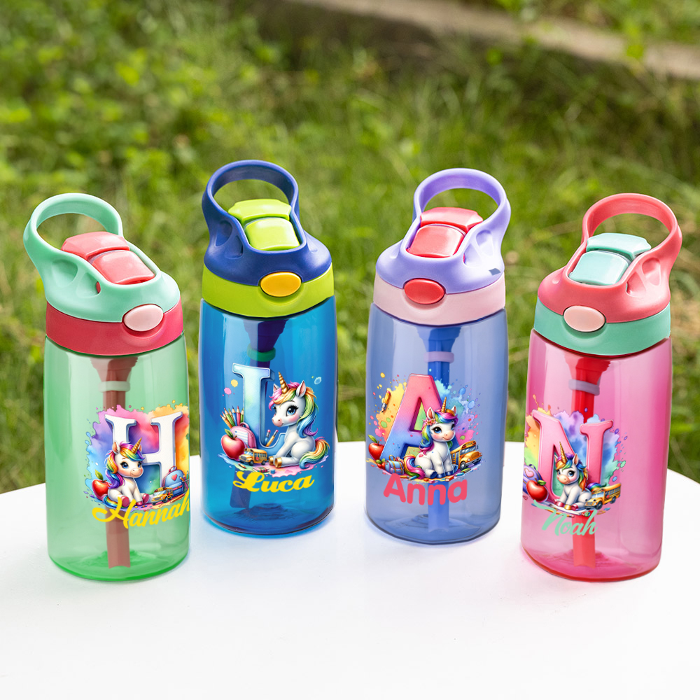 Bouteille d'Eau Personnalisée avec Nom Initiale Motif de Licorne Fantaisie Accessoire avec Paille Poignée Cadeau Anniversaire Retour École pour Enfant