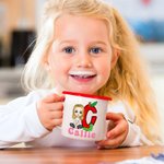 Personalised Cartoon Character 12 oz Colored Rim Enamel Mug with Name and Initial Birthday Back to School Travel Gift for Friend Family Kids