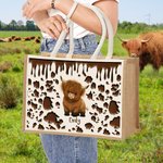 Personalized Highland Cow Large Capacity Jute Tote Bag with Name Travel Accessories Birthday Holiday Gift for Highland Cow Lovers