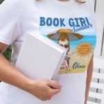 Personalized Book Girl Summer Beach Cartoon Character 100% Cotton T-shirt with Name Vacation Travel Birthday Gift for Woman