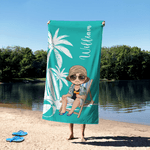 Serviette de Plage Personnalisée avec Motif Palmier Personnage de Dessin Animé et Nom Cadeau Estival pour Famille Amoureux de la Natation