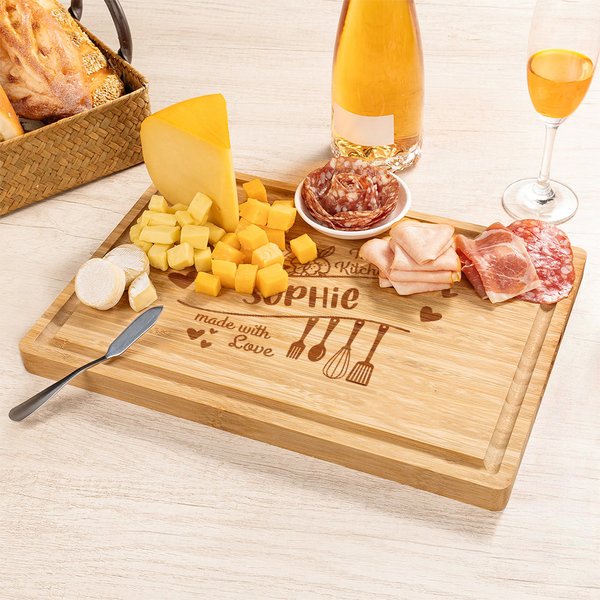 Personalizzato cuore floreale Kitchenware FSC Bamboo Charcuterie tagliere con Juice Groove Festa della mamma Matrimonio regalo di inaugurazione per la famiglia