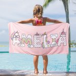 Personalisiertes Schnelltrocknendes Strandtuch mit Einhorn Regenbogen Schriftart Namen Sommerurlaub Essentials Geburtstagsgeschenk für Kinder