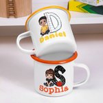 Personalised Cartoon Character 12 oz Colored Rim Enamel Mug with Name and Initial Birthday Back to School Travel Gift for Friend Family Kids