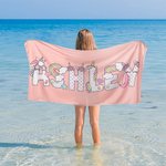 Personalisiertes Schnelltrocknendes Strandtuch mit Einhorn Regenbogen Schriftart Namen Sommerurlaub Essentials Geburtstagsgeschenk für Kinder