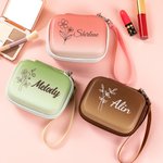 Personalisiertes Tragbares Geburtsblume PU-Leder Aufbewahrung Etui mit Namen und Schlaufe Reisezubehör Hochzeit Geburtstag Geschenk für Damen Mädchen