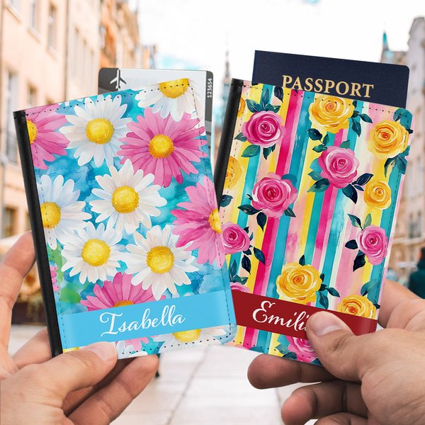 Personalised Watercolor Flower Stripe Design PU Leather Passport Holder with Name Summer Vacation Travel Essentials Birthday Gift for Travel Lovers