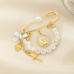 Personalized Cross Guardian Angel Pearl Safety Pin with Bead Name Baby Shower Birthday Gift for Newborn New Mother