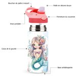 Bouteille d'Eau Isotherme 355 ml Personnalisée avec Princesse Sirène Fantastique et Nom Paille en Silicone Couvercle Anti-Fuite Cadeau pour Fille
