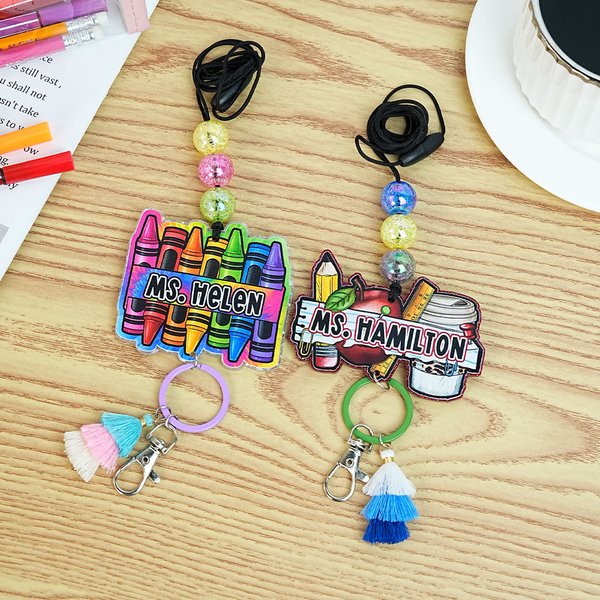 Personalised Crayon Ruler Coffee Name Bead Lanyard with Key Ring and Tassel School Supply Appreciation Gift for Teacher