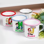 Personalised Cartoon Character 12 oz Colored Rim Enamel Mug with Name and Initial Birthday Back to School Travel Gift for Friend Family Kids