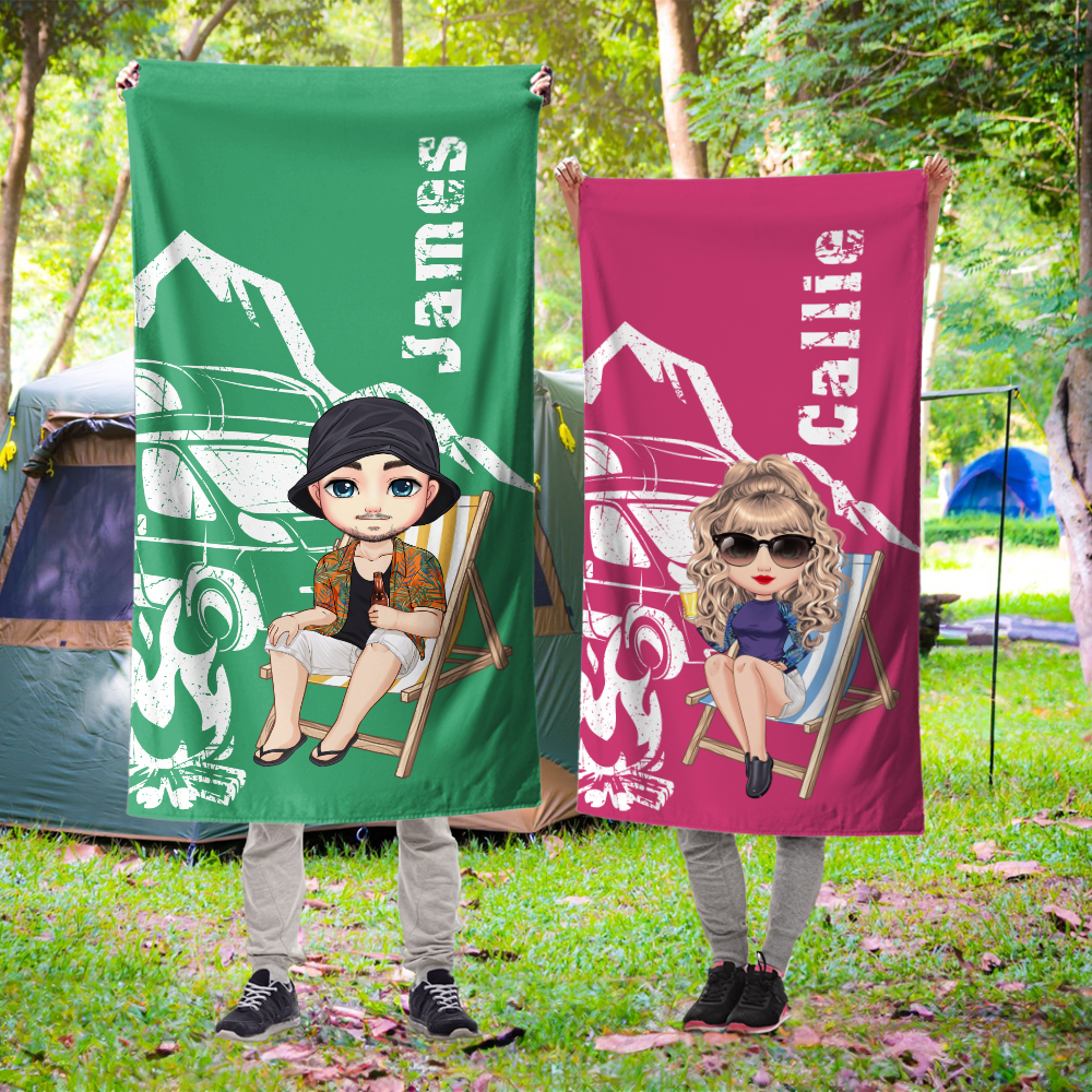 Personalizzato Campervan Cartoon Camping Character Quick Dry Oversized Beach Towel Summer Vacation Travel Holiday Gift for Campers Outdoor Enthusiasts