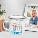 Personalised Cartoon Character 12 oz Colored Rim Enamel Mug with Name and Initial Birthday Back to School Travel Gift for Friend Family Kids