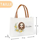 Sac en Toile avec Poignée en Cuir Personnalisé de Personnage Nom et Fleur de Naissance Cadeau Anniversaire pour Femme