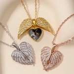 Personalized Cubic Zircon Sterling Silver Heart Shape Angel Wing Photo Locket Necklace Anniversary Birthday Gift for Women