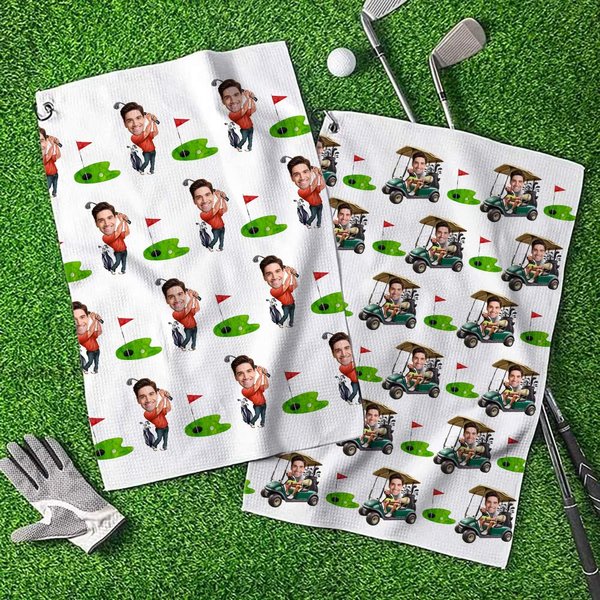 Personalized Avatar Photo Quick Dry Microfiber Waffle Golf Towel with Carabiner Clip Accessory Birthday Gift for Golf Lovers