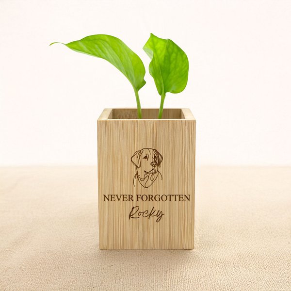 Personalized Pet Line Drawing Dog Cat Portrait Wooden Flower Pot with Name and Text Sympathy Memorial Gift for Loss of Pet